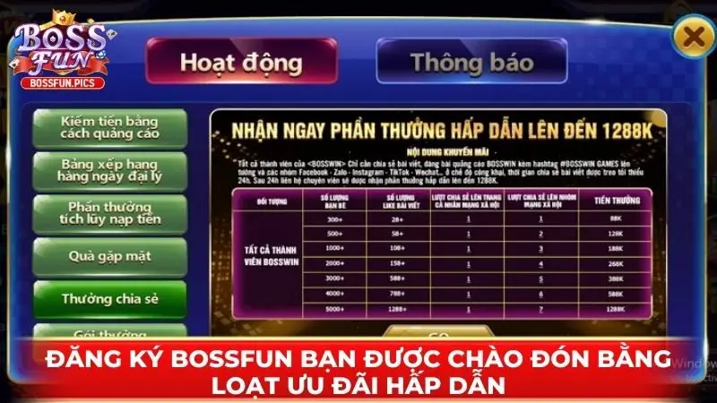 Đăng ký Bossfun bạn được chào đón bằng loạt ưu đãi hấp dẫn Đăng ký Bossfun bạn được chào đón bằng loạt ưu đãi hấp dẫn